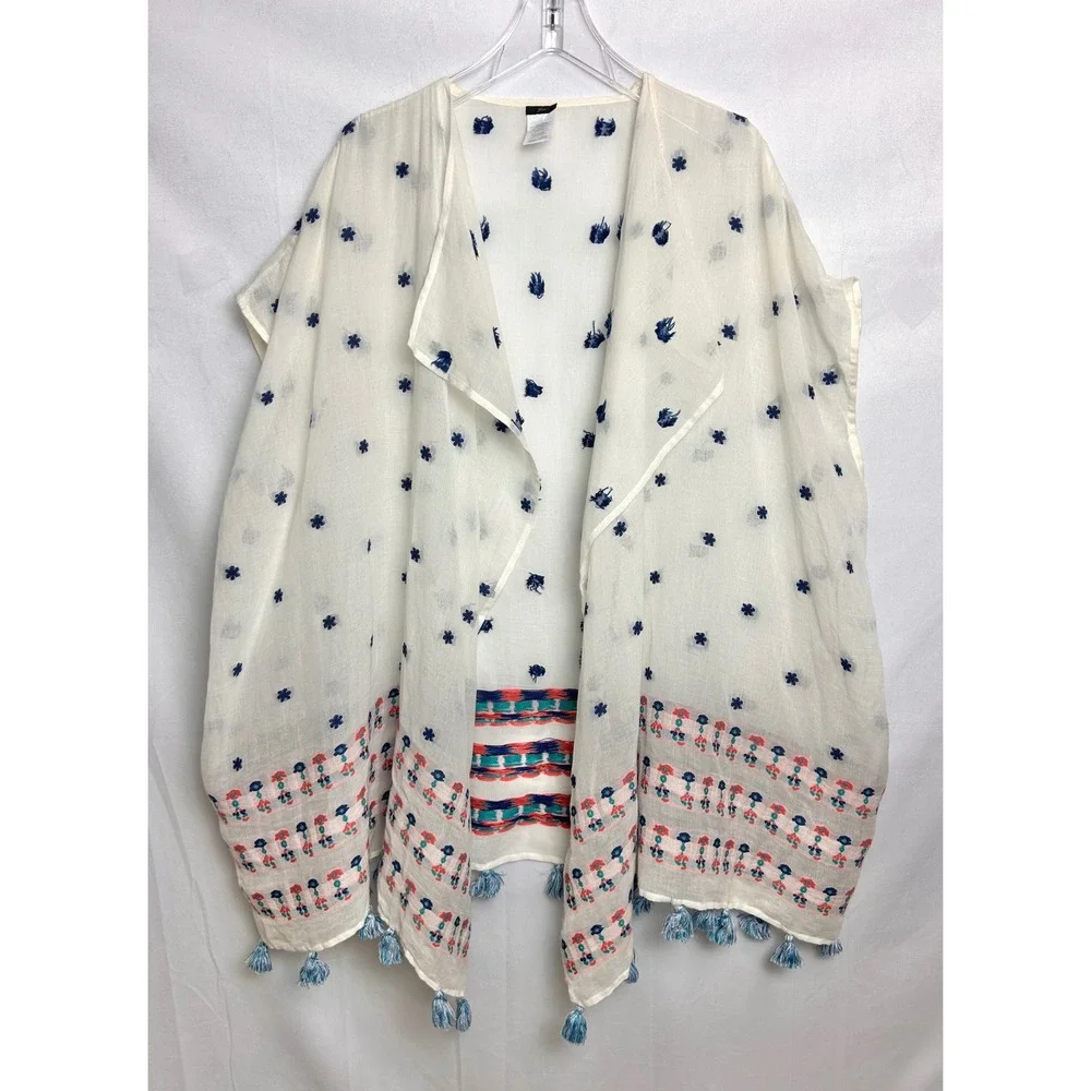 J.Crew Embroidered Tassel Kimono Wrap White Cotton Blend One Size Boho Coverup